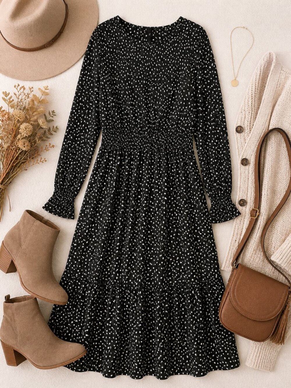 Darling Black Polka Dot Midi Dress XL Long Sleeve Ruffle Hem